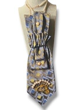 3/$60 Blue Brown Green Geometric Folded Cravat with Pearl & Gold Eye Brooch